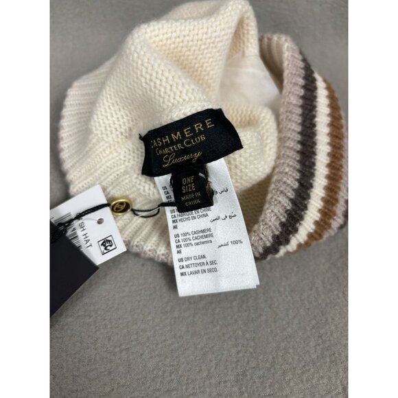 Charter Club Luxury 100% Cashmere White Beanie Hat With Striped Cuff OS NWT's - Picture 6 of 7